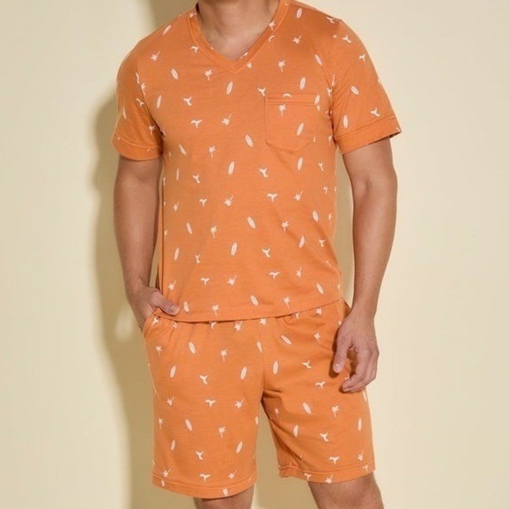 Cosabella Mens Orange Surf Print Pajama Lounge Set V-Neck Shorts Size M New
